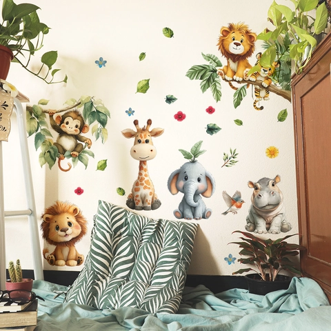 Watercolor Cartoon Jungle Forest Animals Wall Stickers Lion Giraffe Elephant Leaves PVC Decals For Kids Nursery Home Decor