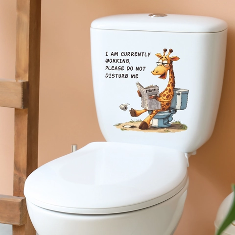 Humorous Cartoon Giraffe Reading Newspaper Toilet Sticker Funny Waterproof PVC Bathroom Wall Decal Creative Home Decoration Self Adhesive Printed Animal Toilet Accessory