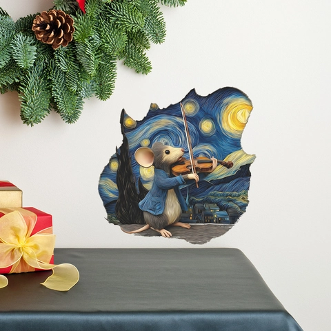 Creative 3D Mouse Playing Violin Wall Sticker Starry Night Art Decal For Home Decor PVC Self Adhesive Hole Mural