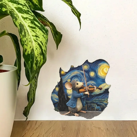 Creative 3D Mouse Playing Violin Wall Sticker Starry Night Art Decal For Home Decor PVC Self Adhesive Hole Mural