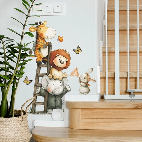 Cartoon Tiere Leiter Wandtattoo PVC Wasserdicht Aquarell Aufkleber Für Kinderzimmer Babyzimmer Dekorativ Home Decor