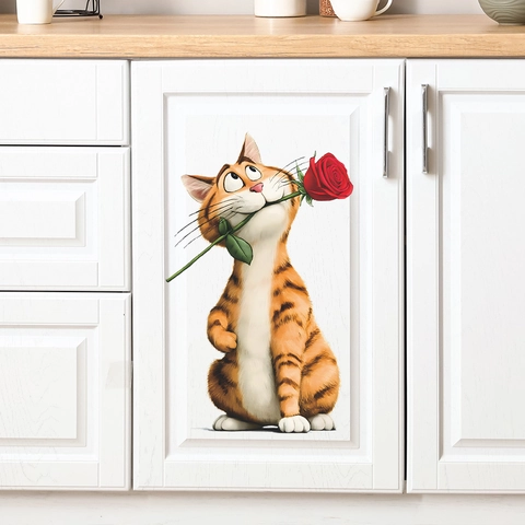 3D Cartoon Orange Cat With Red Rose Wall Sticker PVC Self-Adhesive Removable Decal For Living Room Bedroom Home Decor