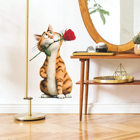 3D Cartoon Orange Cat With Red Rose Wall Sticker PVC Self-Adhesive Removable Decal For Living Room Bedroom Home Decor