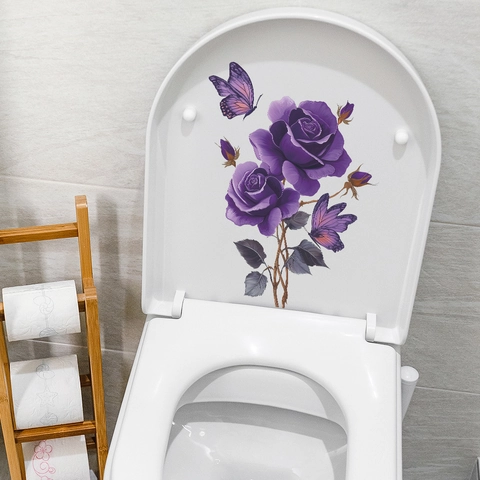 Retro Purple Rose Butterfly Wall Sticker PVC Waterproof Floral Decal For Bathroom Toilet Fridge Home Decor Mural Art