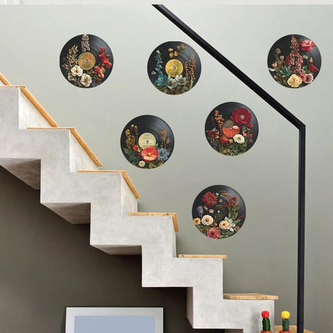 Vintage Vinyl Record Floral Wall Stickers Retro Music Room Decor Removable PVC Flower Decals For Living Space Decor