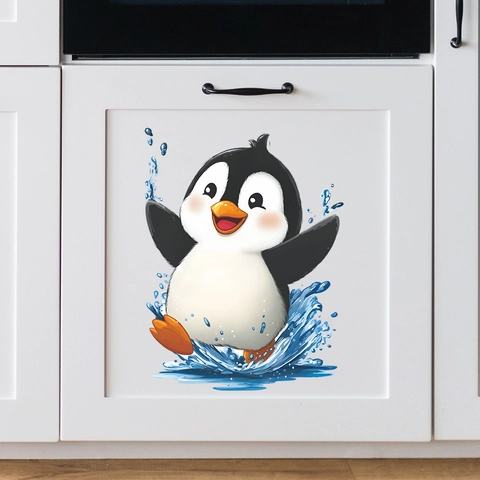Cartoon Pinguïn Speelt Met Water Badkamer Muursticker Waterdicht Verwijderbaar PVC Toiletdeksel Decoratie Muurschildering