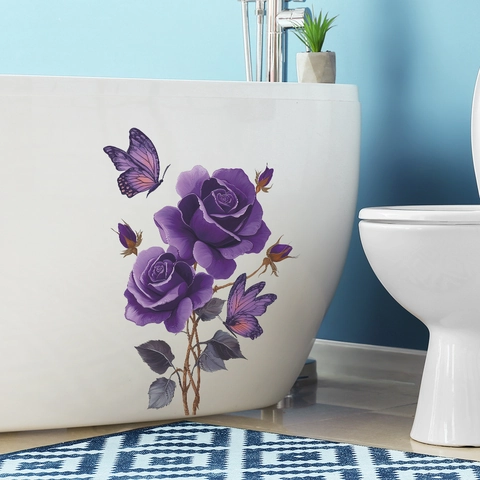 Retro Purple Rose Butterfly Wall Sticker PVC Waterproof Floral Decal For Bathroom Toilet Fridge Home Decor Mural Art