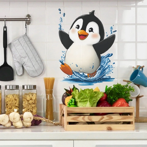 Cartoon Pinguïn Speelt Met Water Badkamer Muursticker Waterdicht Verwijderbaar PVC Toiletdeksel Decoratie Muurschildering