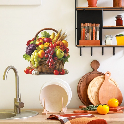 PVC Simulation Fruit Vegetable Basket Kitchen Wall Sticker Waterproof Pastoral Decal For Dining Room Restaurant Decor