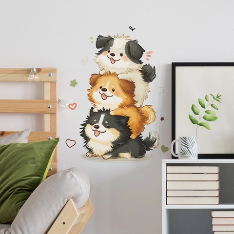 Cartoon Stacked Dogs Wall Sticker PVC Cute Puppy Animal Pattern Removable Wall Decal For Kids Room Living Room Home Decor