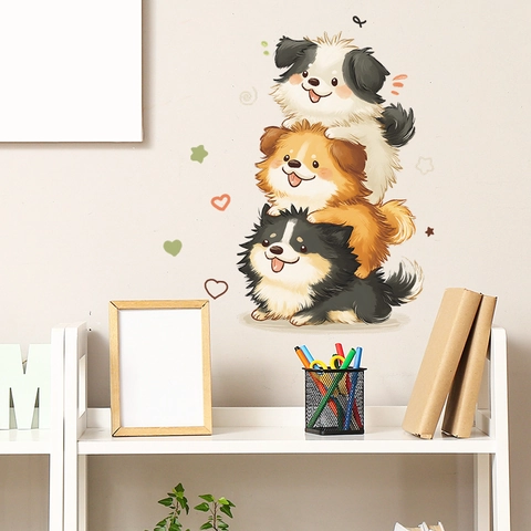 Cartoon Stacked Dogs Wall Sticker PVC Cute Puppy Animal Pattern Removable Wall Decal For Kids Room Living Room Home Decor