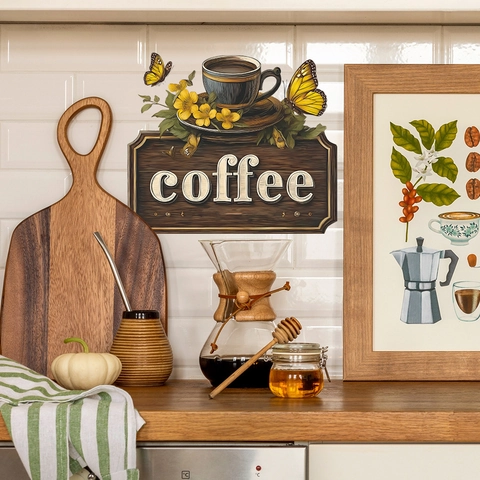 Coffee Theme Wall Sticker Wood Grain Pattern Butterfly Flower Cup Decorative Decal For Cafe Kitchen Dining Room PVC Sticker