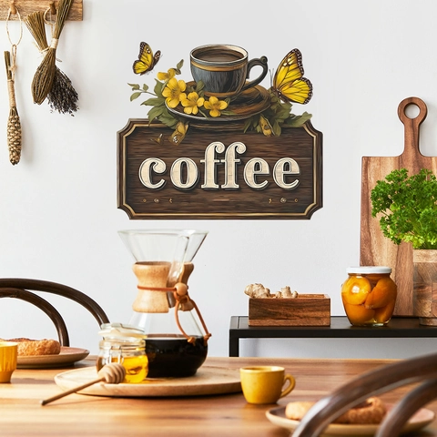 Coffee Theme Wall Sticker Wood Grain Pattern Butterfly Flower Cup Decorative Decal For Cafe Kitchen Dining Room PVC Sticker