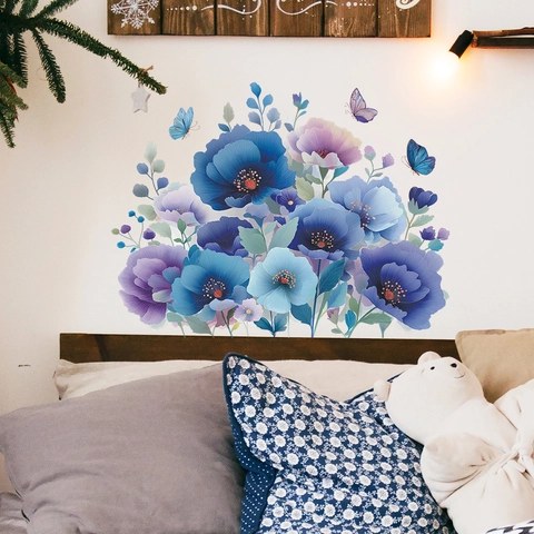 Blau Lila Blumen Und Schmetterling Wandaufkleber Abnehmbar Selbstklebend PVC Dekorative Wandtattoo Für Schlafzimmer Badezimmer Küche