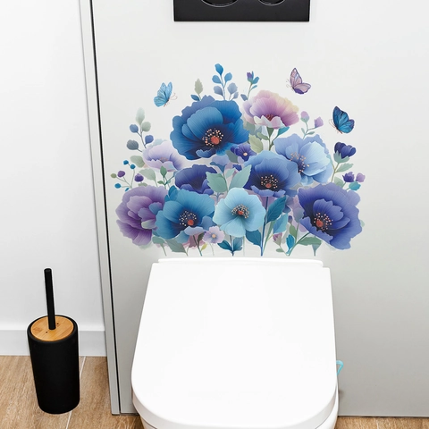 Blau Lila Blumen Und Schmetterling Wandaufkleber Abnehmbar Selbstklebend PVC Dekorative Wandtattoo Für Schlafzimmer Badezimmer Küche