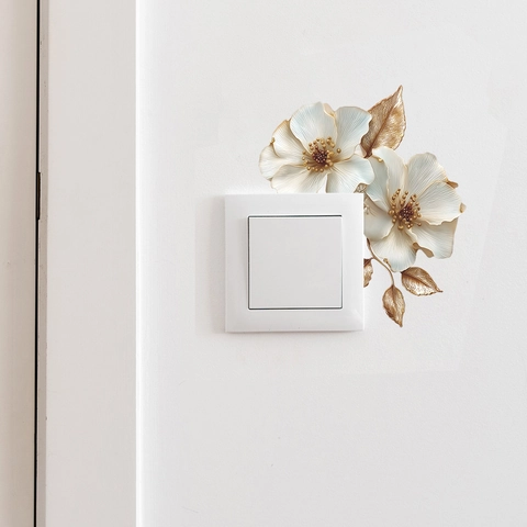 3D Embossed White Flower Wall Switch Sticker Self Adhesive Removable PVC Floral Decal For Bedroom Study Home Decor