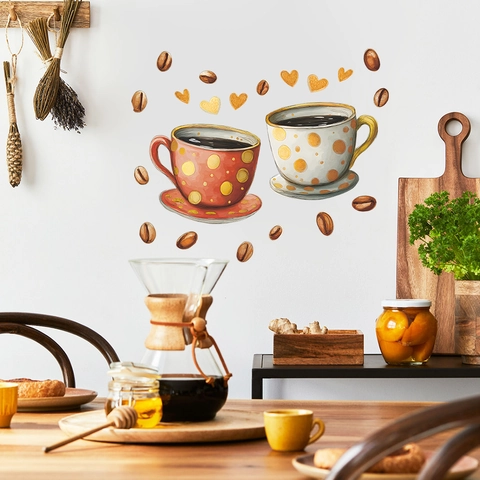Coffee Cup Coffee Bean Heart Wall Sticker PVC Self Adhesive Decorative Decal For Kitchen Dining Room Restaurant Home Decor