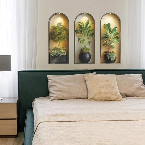 3D Boog Nis Groene Plant Muurstickers PVC Modern Minimalistisch Potplanten Muursticker Voor Woonkamer Slaapkamer Thuis Decoratie