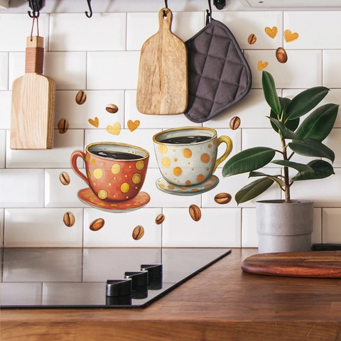Coffee Cup Coffee Bean Heart Wall Sticker PVC Self Adhesive Decorative Decal For Kitchen Dining Room Restaurant Home Decor