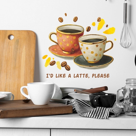 Watercolor Coffee Cups Wall Stickers PVC Self Adhesive I'd Like A Latte Please Quote Mural For Kitchen Dining Room Decor