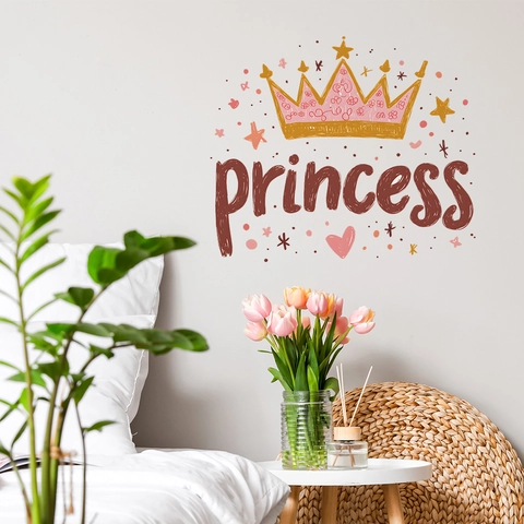 Princess Crown Wall Sticker For Girls Bedroom Gold Crown Pink Heart Star Pattern PVC Removable Decorative Decal For Nursery Room
