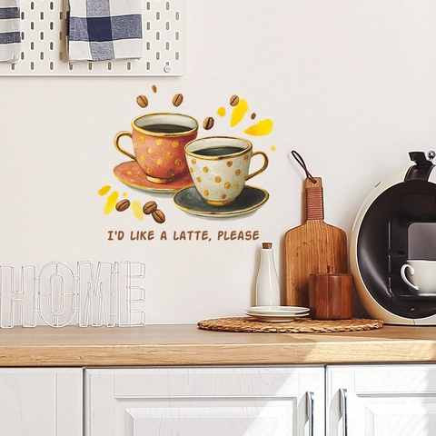 Watercolor Coffee Cups Wall Stickers PVC Self Adhesive I'd Like A Latte Please Quote Mural For Kitchen Dining Room Decor