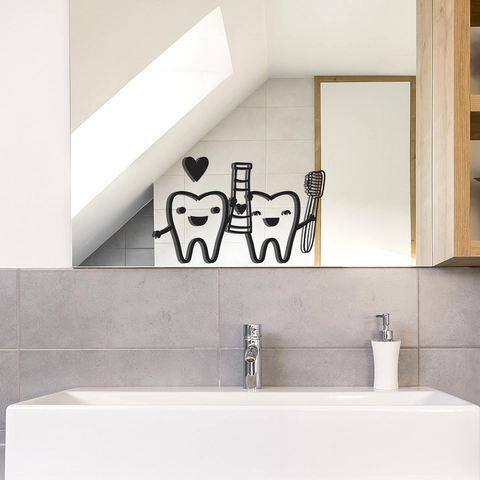 Creative Cartoon Teeth Toothbrush Toothpaste Mirror Wall Sticker For Bathroom Washroom Decoration Black PVC Art Mural