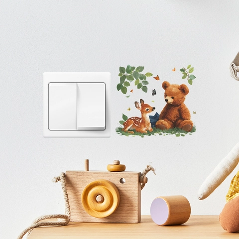 Mignon Autocollant Mural Interrupteur Ours Cerf Animaux De La Forêt PVC Auto-Adhésif Décoration Pour Chambre d'Enfant