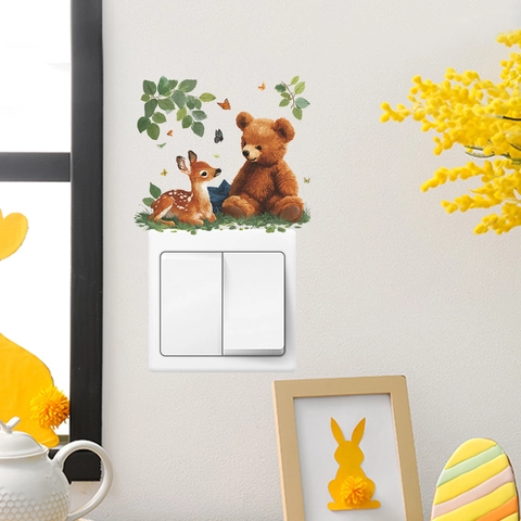 Mignon Autocollant Mural Interrupteur Ours Cerf Animaux De La Forêt PVC Auto-Adhésif Décoration Pour Chambre d'Enfant