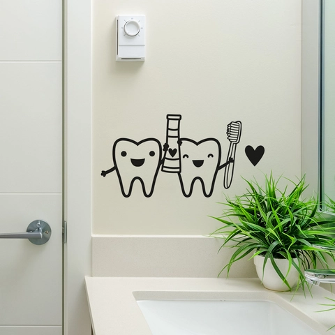 Creative Cartoon Teeth Toothbrush Toothpaste Mirror Wall Sticker For Bathroom Washroom Decoration Black PVC Art Mural
