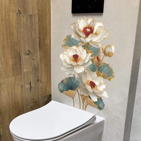 Modern Chinese Lotus Wall Sticker PVC Waterproof Relief Flower Mural Decal For Bathroom Kitchen Living Room Home Decor