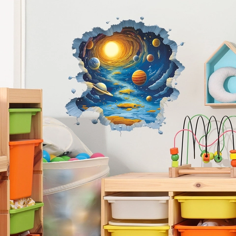 3D Universe Space Wall Stickers For Kids Room Bedroom Study Wall Decor Cartoon Planets Breaking Wall PVC Self Adhesive Decals