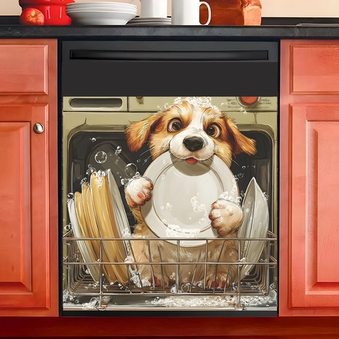 Cute Dog Pattern Dishwasher Sticker Waterproof PVC Wall Decal For Kitchen Dining Room Home Decorative Cartoon Animal Sticker