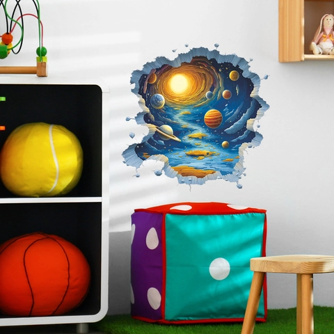 3D Universe Space Wall Stickers For Kids Room Bedroom Study Wall Decor Cartoon Planets Breaking Wall PVC Self Adhesive Decals