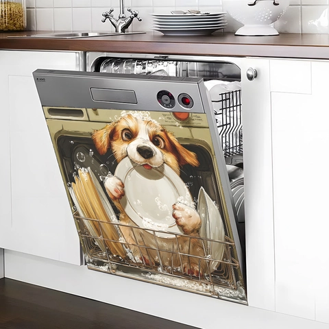 Cute Dog Pattern Dishwasher Sticker Waterproof PVC Wall Decal For Kitchen Dining Room Home Decorative Cartoon Animal Sticker