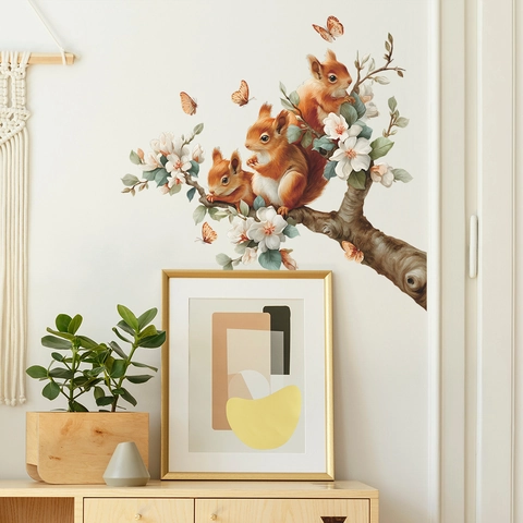 Squirrels On Pear Blossom Branches Wall Sticker PVC Self-Adhesive Removable Animals Flowers Butterfly Home Decor Living Room Wall Decal