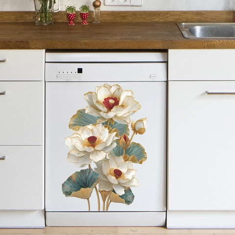 Modern Chinese Lotus Wall Sticker PVC Waterproof Relief Flower Mural Decal For Bathroom Kitchen Living Room Home Decor