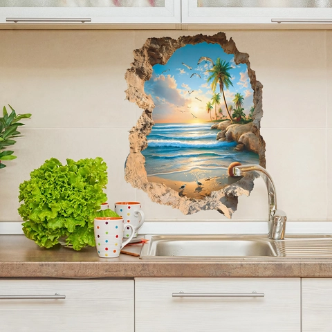 Vinilo Decorativo de Pared 3D Efecto Pared Rota Puesta de Sol Playa PVC Impermeable Autoadesivo Paisaje Vista Mar para Decoración del Hogar