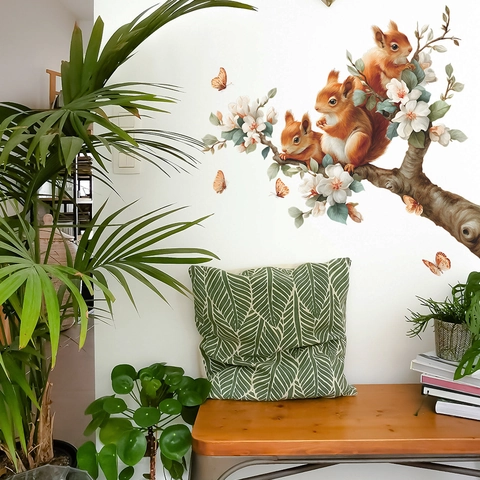 Squirrels On Pear Blossom Branches Wall Sticker PVC Self-Adhesive Removable Animals Flowers Butterfly Home Decor Living Room Wall Decal