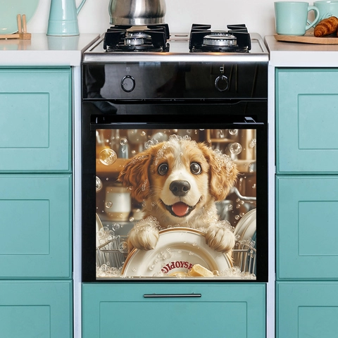 Creative Dishwashing Puppy Wall Sticker PVC Dishwasher Oven Decorative Decal Cute Dog Washing Dishes Kitchen Decoration