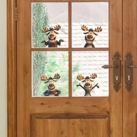 Pegatinas de Ventana de Renos de Dibujos Animados 3D Divertidas Calcomanías de Pared de Alce de Navidad Decoraciones de PVC