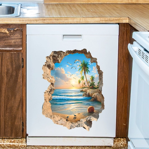 Vinilo Decorativo de Pared 3D Efecto Pared Rota Puesta de Sol Playa PVC Impermeable Autoadesivo Paisaje Vista Mar para Decoración del Hogar