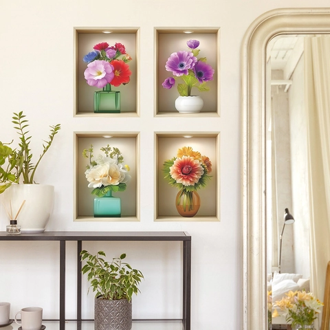 3D Visuele Bloemenvaas Nis Muurstickers PVC Zelfklevend Floraal Muurschildering Voor Woonkamer Badkamer Studeerkamer Home Decor Bloemenpatroon