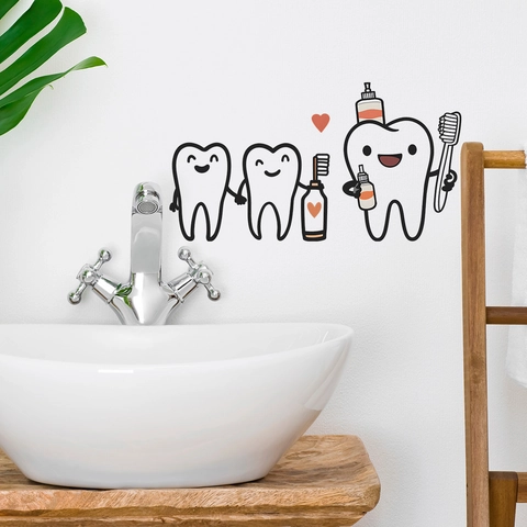 Adesivo da Parete per Bagno con Denti a Cartone Animato Spazzolino Dentifricio PVC Impermeabile Autoadesivo per Clinica Dentale Casa