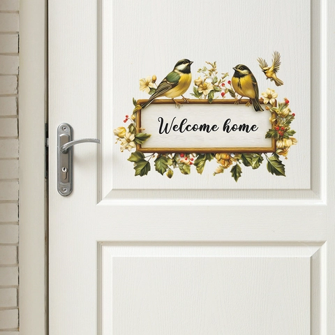 Welcome Home Bird Flower Wall Sticker PVC Self-Adhesive Door Decal Realistic Painted Tit Bird Decorative Mural For Home