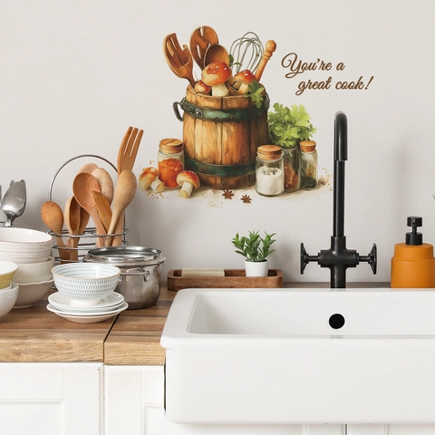 Küche PVC Wandtattoo Abnehmbar Pilz Küchenutensilien Eimer Aufkleber You're A Great Cook Slogan Heimdeko