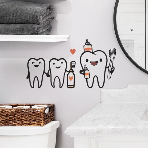Adesivo da Parete per Bagno con Denti a Cartone Animato Spazzolino Dentifricio PVC Impermeabile Autoadesivo per Clinica Dentale Casa