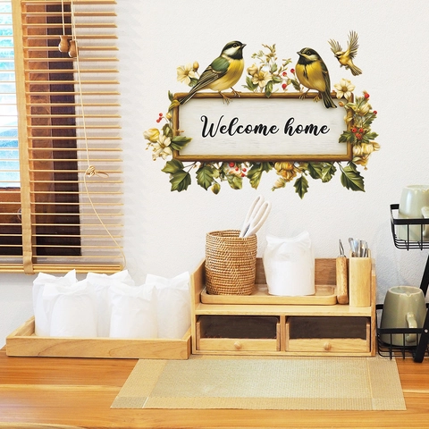 Welcome Home Bird Flower Wall Sticker PVC Self-Adhesive Door Decal Realistic Painted Tit Bird Decorative Mural For Home
