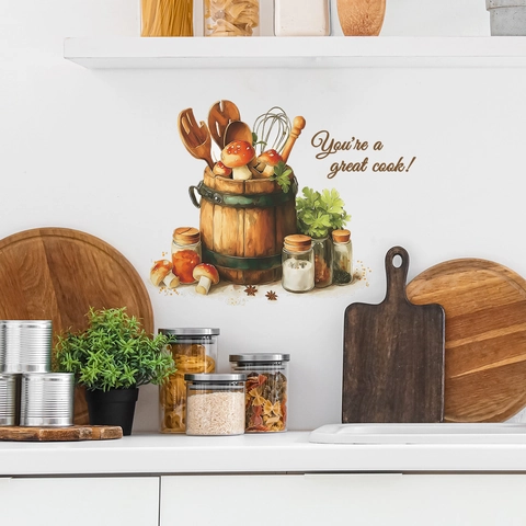 Küche PVC Wandtattoo Abnehmbar Pilz Küchenutensilien Eimer Aufkleber You're A Great Cook Slogan Heimdeko