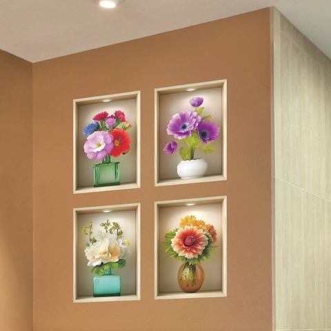 3D Visuele Bloemenvaas Nis Muurstickers PVC Zelfklevend Floraal Muurschildering Voor Woonkamer Badkamer Studeerkamer Home Decor Bloemenpatroon